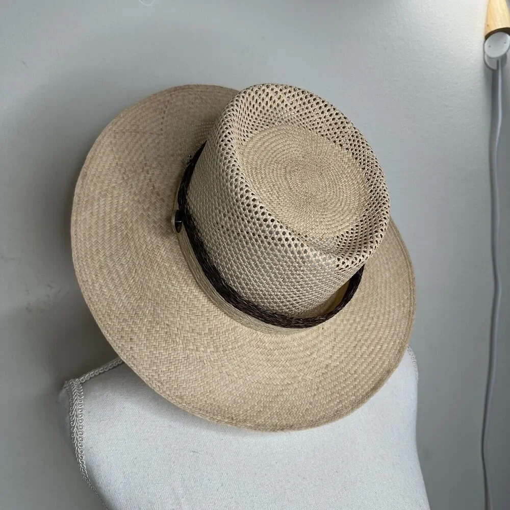 Temple Tan & Brown Basket Weave Rattan Wide Brim Hat Embellished Dark Brown Band